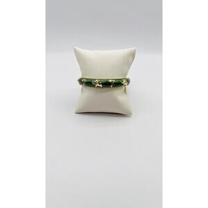 gold tone Green Enamel Hinged Magnetic Cuff Bangle Bracelet Gold Elephants Palms